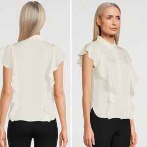 Theory Women's BD Ruffle Button-Down 100% Silk Top Ivory Size L Retail $295